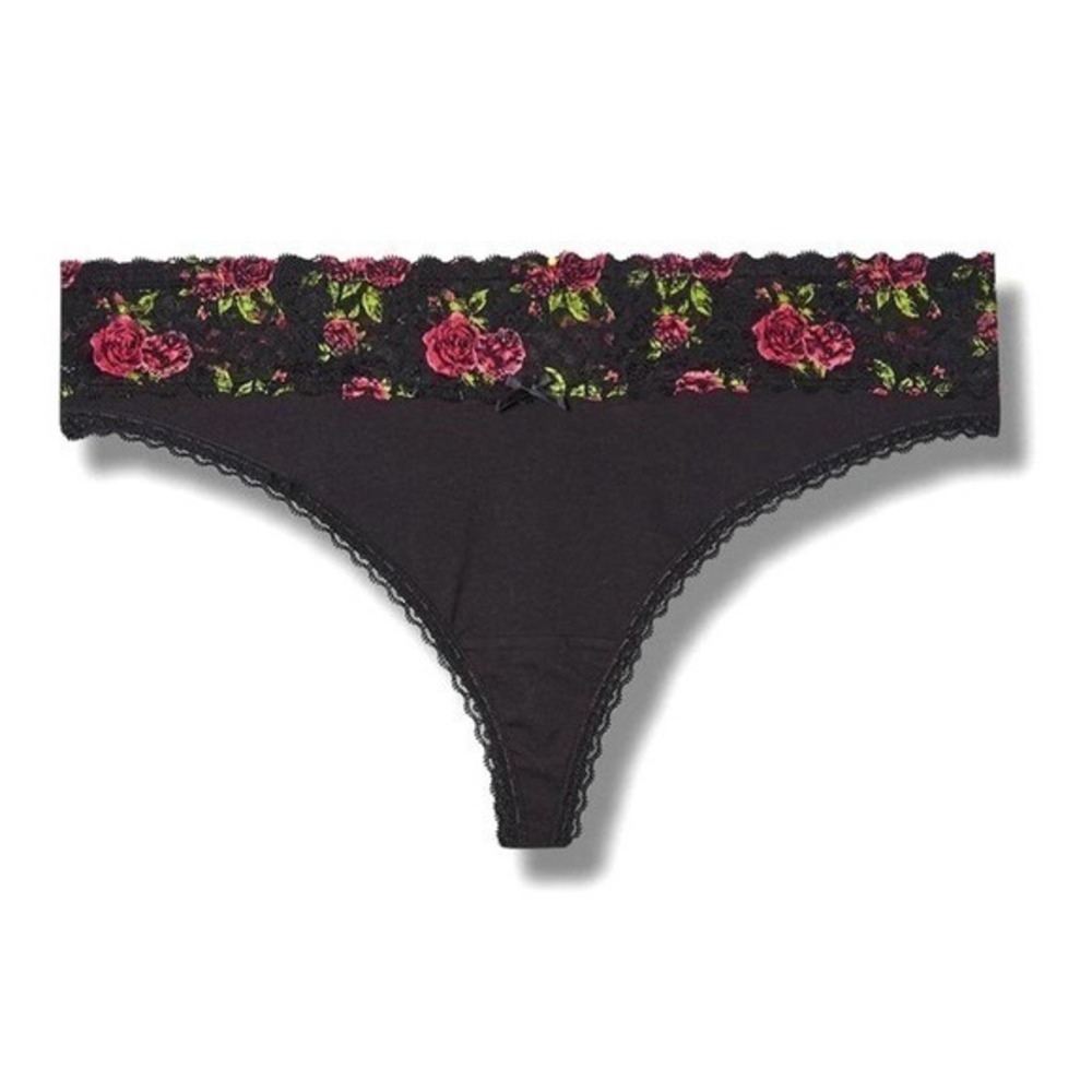 New Torrid 3 (3X 22/24) Black Mid Rise Rose Garden Lace Trim Thong Panty Panties